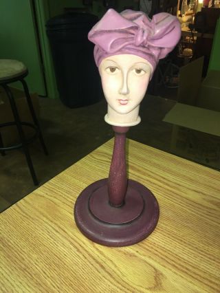 Antique Art Deco Boudoir Doll Head Hat Stand Wood & Porcelain