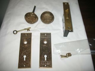 Rare Antique Eastlake Victorian Brass Door Knob Set W/lock And Key