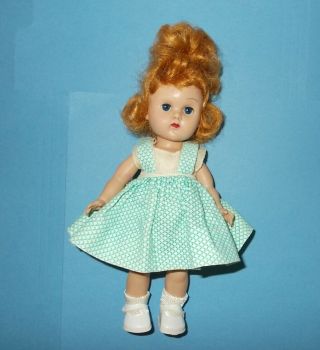 Cute Vintage 8 " Vogue Ginny Walker Doll W/ Red Hair In Tagged Dress 1950s