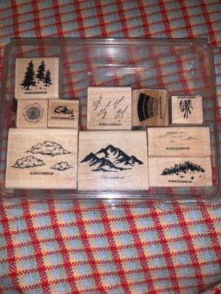 1992 Stampin Up Scenery Rubber Stamp Set 10 Very Rare Nature Clouds Trees