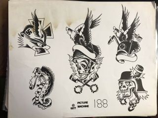 Vintage 1977 Rare Picture Machine B & W Hand Stamped Tattoo Flash Sheet 188