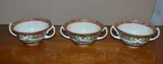 Rare Antique Set Of 3 Chinese Rose Medallion Enameled Cream Soup Bowls - W/gold