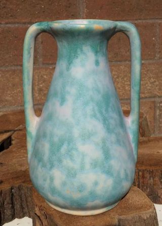 Antique Arts & Crafts Two Handle Pottery Vase W/ Blue & Red Vellum Glaze Mccoy?