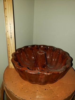 Antique Primitive Baking Dish Glazed Redware Pottery Bundt Cake Mold Pan 1800 