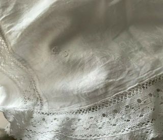 Large Antique Swedish 1910 Handwoven Embroidered Linen Tablecloth With Crochet