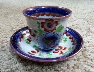 Antique Gaudy Seeing Eye Soft Paste Handleless Cup And Saucer Lustre Edge