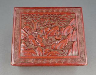 Fine Antique Chinese Carved Red Cinnabar Lacquer Lidded Square Scholar Box