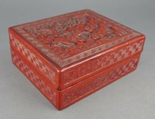 Fine Antique Chinese Carved Red Cinnabar Lacquer Lidded Square Scholar Box 2