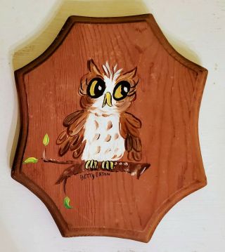 Vintage Hand Painted Artist Signed Retro Boho Owl Wooden Art Sign Betty Eaton