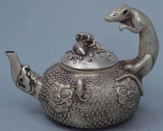 Collectable Old Handwork Miao Silver Carve Squirrel & Lion Wealthy Noble Tea Pot