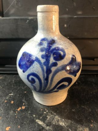 Vintage Stoneware Jug With Blue Floral Design