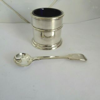 Vintage Silver Plate Large Open Salt Or Mustard Pot With Blue Glass Liner Spoon