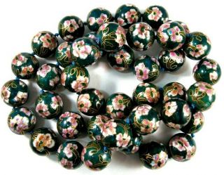 Vintage Cloisonne Enamel Bead Necklace Dark Green Floral 18mm 32 Inch