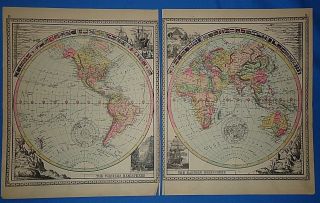 Vintage 1888 World East West Hemispheres Map Old Antique Tunison 