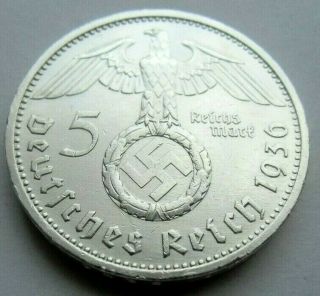 (693) Rare Wwii German 5 Mark - 1936 E - 90 Silver - Coin Big Swastika