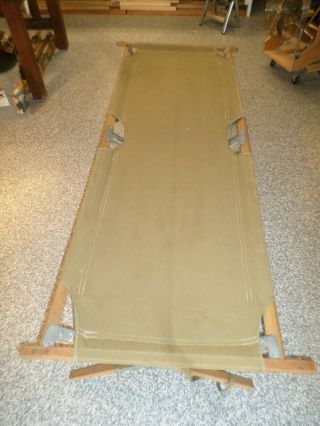 Vintage Wood Frame Canvas Cot - Army Green