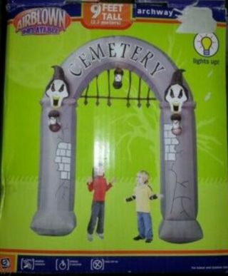 Rare Gemmy Airblown Inflatable Halloween 9 Ft Cemetery Arch Ghosts Lanterns