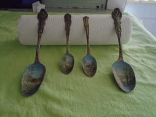 4 One Of A Kind Hand Painted Antique Silver Spoons