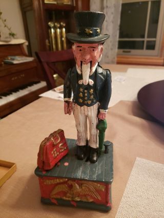 Rare Vintage Cast Iron Uncle Sam Mechanical Coin Bank,  Heavy,  Great.  11in.