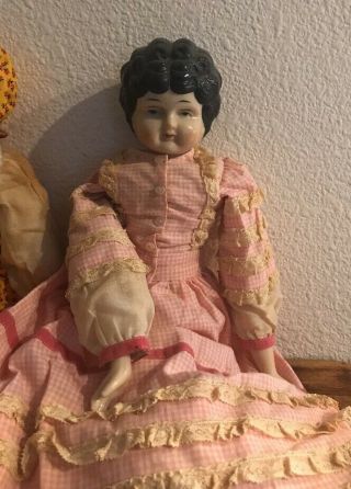 Vintage Porcelain China Head 18” Doll Black Hair Blue Eyes Set Of 2 2
