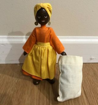 Vintage Folk Art African American Wooden 7” Painted Doll With Clothes