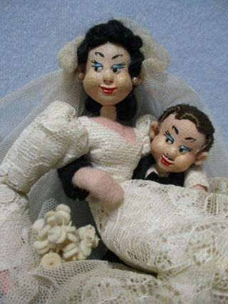Vintage 10” Felt Klumpe Roldan Bride Groom Wedding Doll,  Stand - Made In Spain