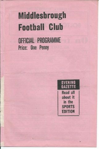 Rare Friendly Pre - Season Pink 1962/63 Middlesbrough V Bolton Wanderers 11/8/62
