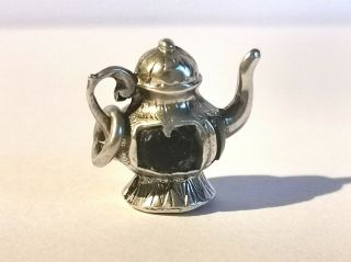 Unusual Antique Sterling Silver Tea Pot Charm With Inlaid Blue And Green Stones