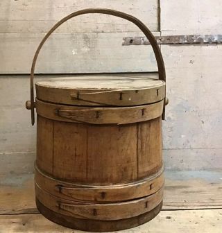Antique Primitive Wooden Firkin Bucket W/ Lid 4 Finger Banded