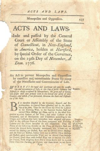 Revolutionary War Connecticut Acts & Laws November 1776 Rare Colonial Imprint