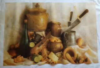 Rare.  Vintage Farm House Fayre Art Poster 23x35 " Food Cheese Wine 80s (1987)