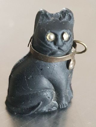 Rare Victorian Christmas Cracker Czech Glass Black Cat Lucky Charm Brass Collar