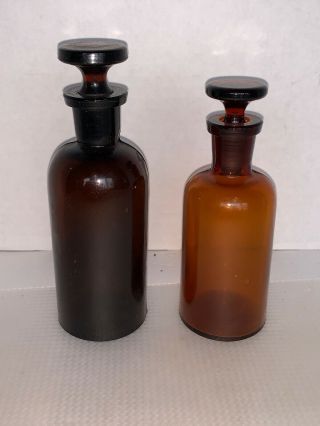 Set Of 2 Vintage Brown Glass Apothecary Pharmacy Bottles