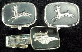 Vintage John Deere Running Deer Cufflinks & Tie Bar Clip Set