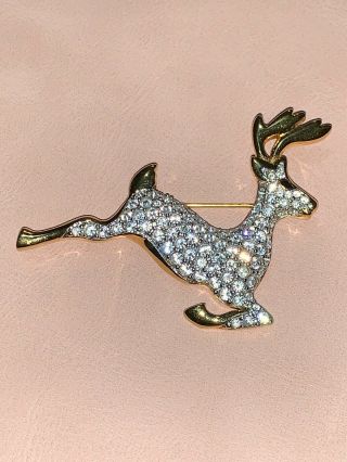 2 3/8 " Vintage Signed Swarovski Swan Crystal Deer Brooch Pin Christmas Gold Rare