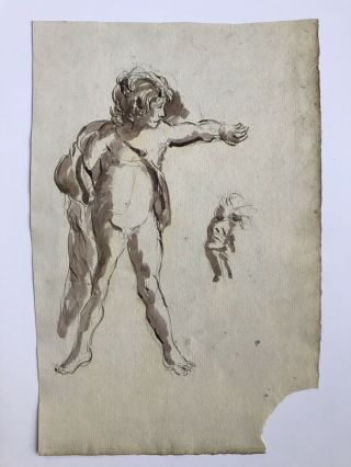 Antique Old Master French / Italian School Cherub Angel Boy Ink Wash Drawing