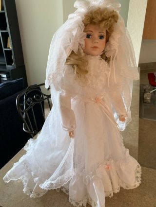 Victorian Porcelain Blonde Doll Bride In Wedding Gown With Stand