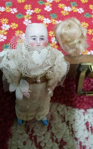 Rare unique Antique 2 inch miniature bisque doll and travel case 2