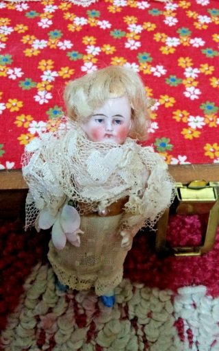 Rare unique Antique 2 inch miniature bisque doll and travel case 3