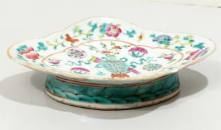 Antique Chinese Export Porcelain Pedestal Footed Dish Turquoise Purple Plum 8 "