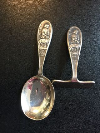English Sterling Silver Mary Had A Little Lamb Child Baby Spoon And Pusher 1962