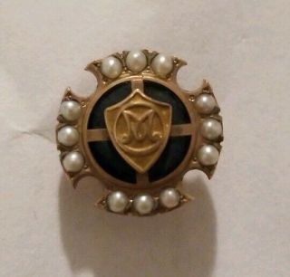 Antique Victorian Mourning 10k Gold Seed Pearl Small Pin " M " Back Stamped B.  M.  D