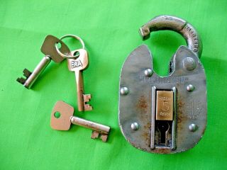 Old Vintage Heavy Duty Hardened Steel 5 Lever Security Padlock With 3 Keys