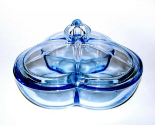 Antique Cobalt Blue Glass Divided Condiment Candy Dish W/ Lid 7 " -