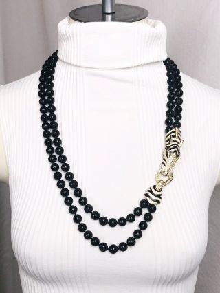 Vintage Rare Ciner Rhinestone Enamel Zebra Onyx Stone Beads 2 Strand Necklace