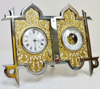 Rare Antique French 8 Day Ormolu & Silvered Combination Desk Clock Barometer