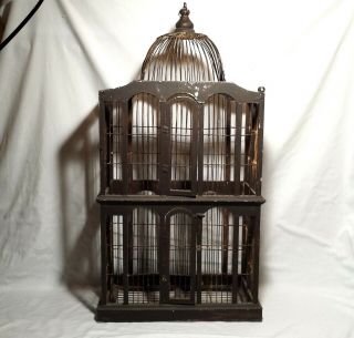 Antique Vintage Wood & Wire Large Tall Bird Cage 2 Door Wire Dome Top