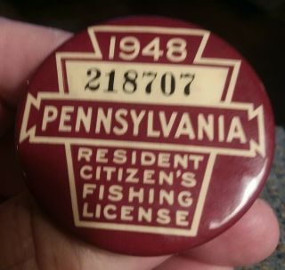 Antique 1948 Pa State Fishing License Button Pin 218707