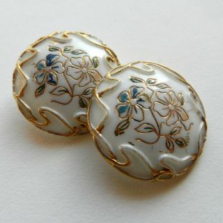 Pretty Pair White Glass Victorian Buttons With Blue Flower Gold Accents 15/16”