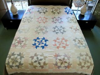 Needs Tlc: Vintage Feed Sack Hand Sewn Blazing Star,  Snow Crystals Quilt; Twin